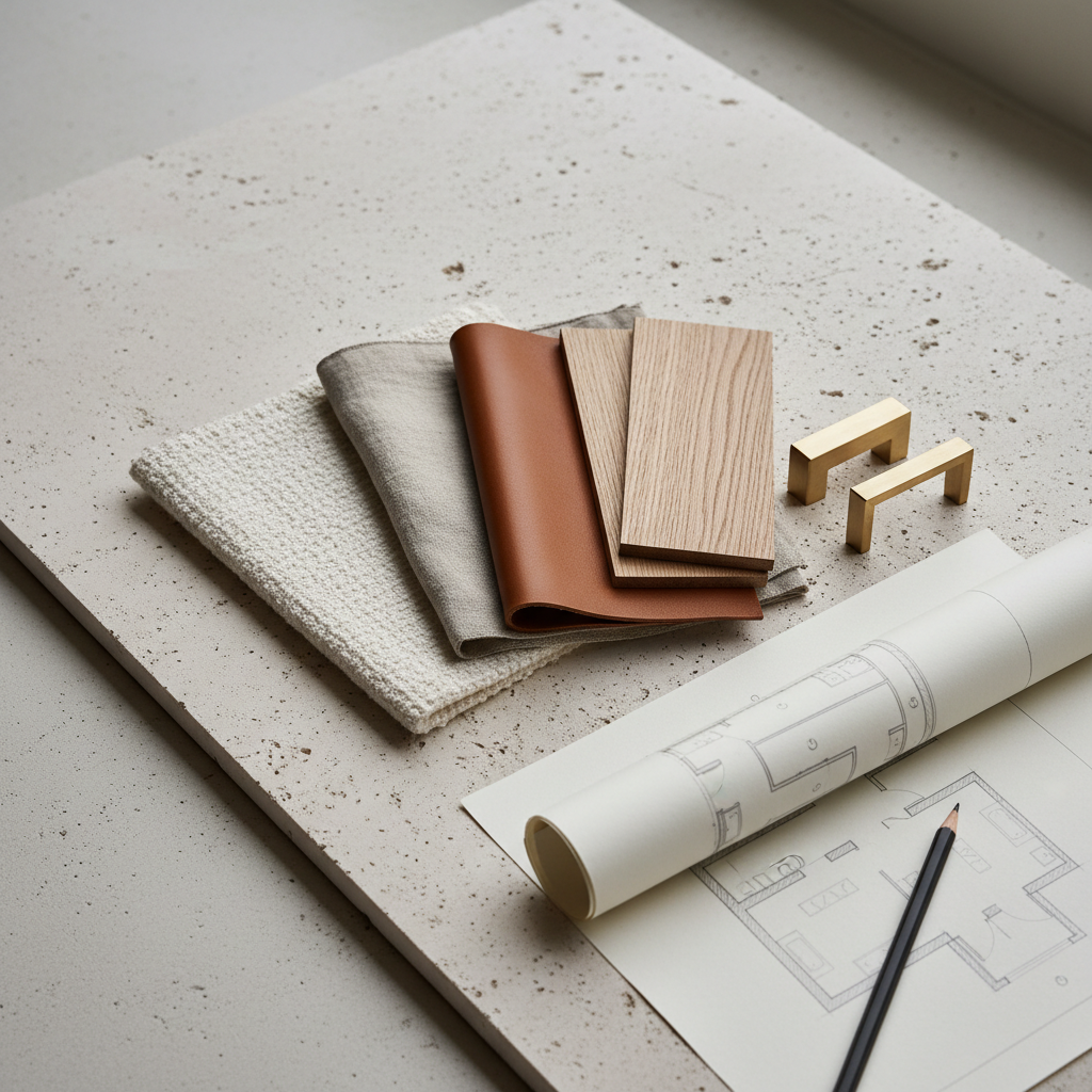 An elegant, minimalist materials flatlay arranged on a pale limestone slab: swatches of textured ivory bouclé, warm grey linen, and cognac leather fan out beside thin oak veneer samples, brushed brass hardware, and a sleek graphite pencil resting on a hand-drawn floor plan. Gentle overcast window light from the left creates soft, even illumination with refined shadows that emphasize material depth and grain. Photographic realism with a slightly elevated camera angle and sharp focus across the frame highlights the tactile story of a bespoke interior design process. The mood is quietly luxurious, organized, and intentional, reflecting the sophisticated personality of a boutique interior design studio.