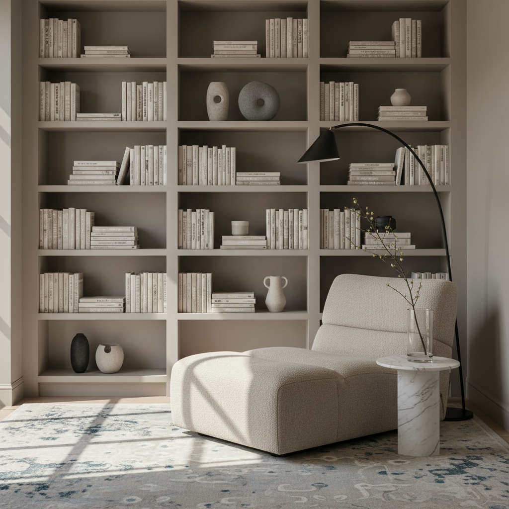 A serene, meticulously styled reading nook featuring a custom built-in bookcase in soft taupe, its shelves filled with artful stacks of neutral-toned books, stone objects, and minimalist ceramics. A deep, low lounge chair upholstered in textured oatmeal fabric sits nearby, with a slim black metal floor lamp arching overhead. The scene is anchored by a muted patterned rug and a small, round marble side table with a single branch in a glass cylinder vase. Diffused morning light from an unseen window bathes the space, creating gentle, elongated shadows. Photographic realism, eye-level composition, and balanced framing convey a sophisticated, contemplative atmosphere for an interior design studio portfolio.