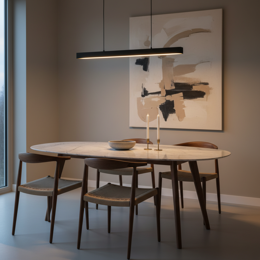 A refined dining space featuring an oval, honed marble table with subtle veining, surrounded by four slender, curved wood chairs with woven paper cord seats. The backdrop is a smooth, warm greige wall adorned with a single oversized abstract canvas in layered neutrals. A low, linear black metal pendant hovers above the table, emitting warm, dimmable light that mingles with soft twilight filtering through an off-frame window, creating a moody, intimate glow. The tabletop holds a simple stone bowl and two tall, unlit taper candles. Captured in photographic realism from a three-quarter angle with moderate depth of field, the composition emphasizes symmetry and negative space, evoking quiet sophistication and intentional design.
