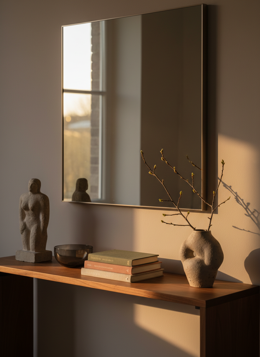 A detailed vignette of a console styling arrangement showcasing the narrative approach to interior design: a slim, dark-stained wood console table with chamfered edges against a soft clay-colored wall, beneath a large, thin-framed rectangular mirror. On the console, a carefully layered arrangement of a vintage stone sculpture, a low smoky glass bowl, a stack of linen-bound books, and a single hand-thrown ceramic vessel holding a bare branch with delicate buds. Late afternoon golden light enters from the right, creating nuanced reflections in the mirror and gentle shadows that elongate across the console surface. Photographic realism, shot at a slightly angled close-up with a shallow depth of field, conveys a sophisticated, poetic, and deeply considered atmosphere suitable for a boutique interior design narrative brand.