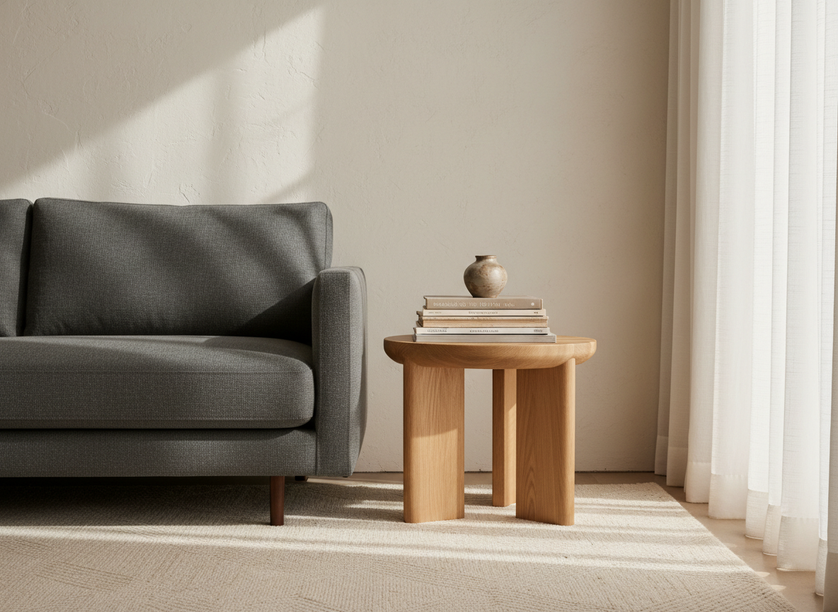 A meticulously styled living room corner featuring a low, charcoal linen sofa with crisp tailoring, paired with a single sculptural oak side table holding a stack of well-worn design books and a small stoneware vessel. The scene is set against a warm white plaster wall with subtle texture, framed by floor-to-ceiling sheer drapery. Late afternoon natural light filters through the sheer fabric, casting layered, soft shadows across the woven wool rug. Captured at eye level with photographic realism and a shallow depth of field, the composition follows the rule of thirds, evoking a sophisticated, calm, and thoughtfully curated space ideal for a boutique interior design studio homepage.